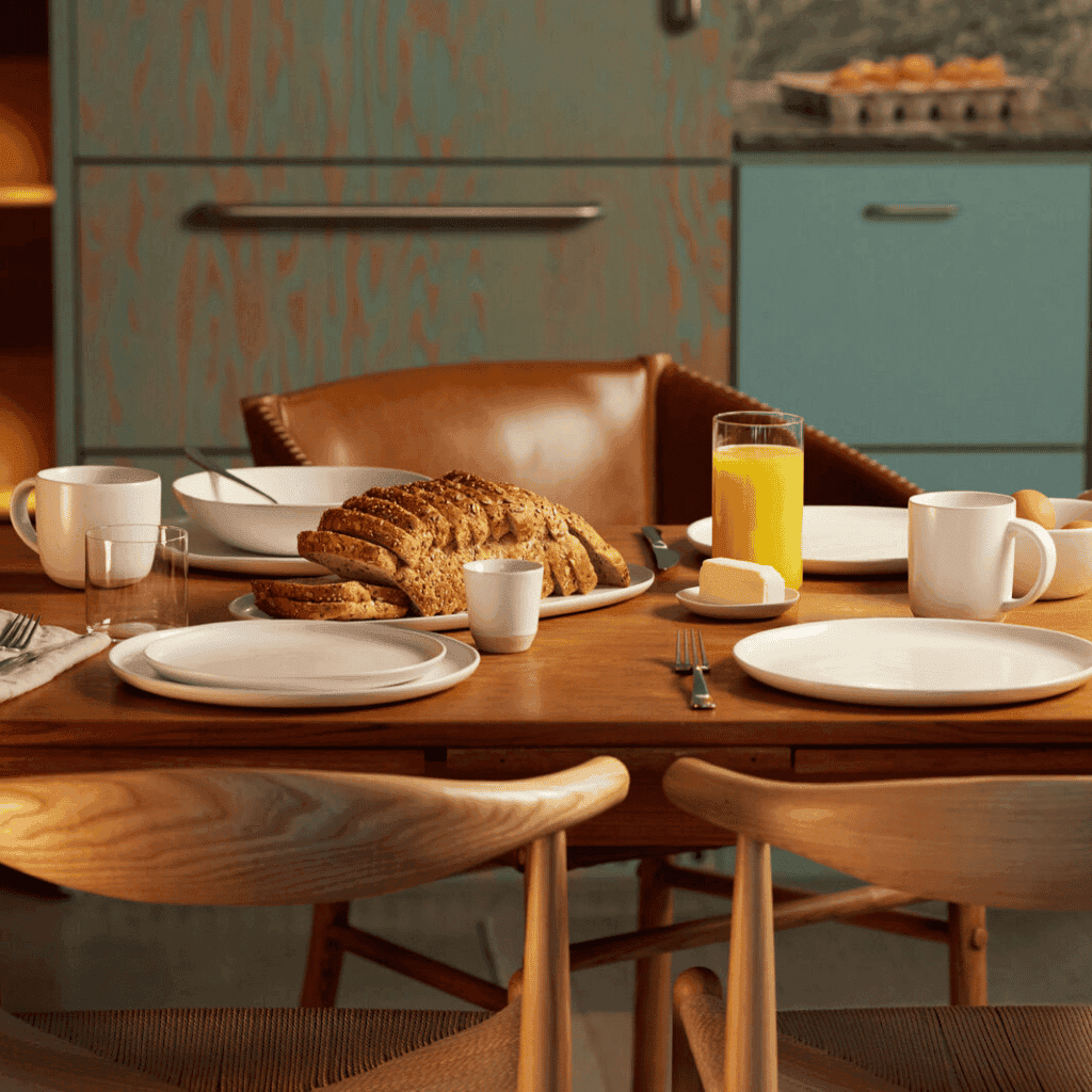 Freshly baked bread on a rustic dining table with breakfast essentials in a modern kitchen. Shop Fable Home.
