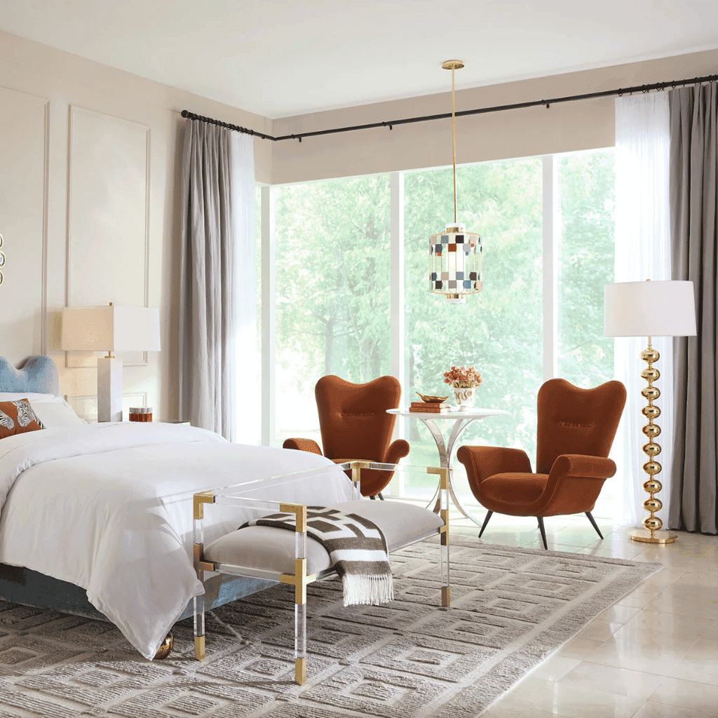 LXURI - velvet accent chairs in a jewel tone with sculptural frame and benches for the foot of your bed